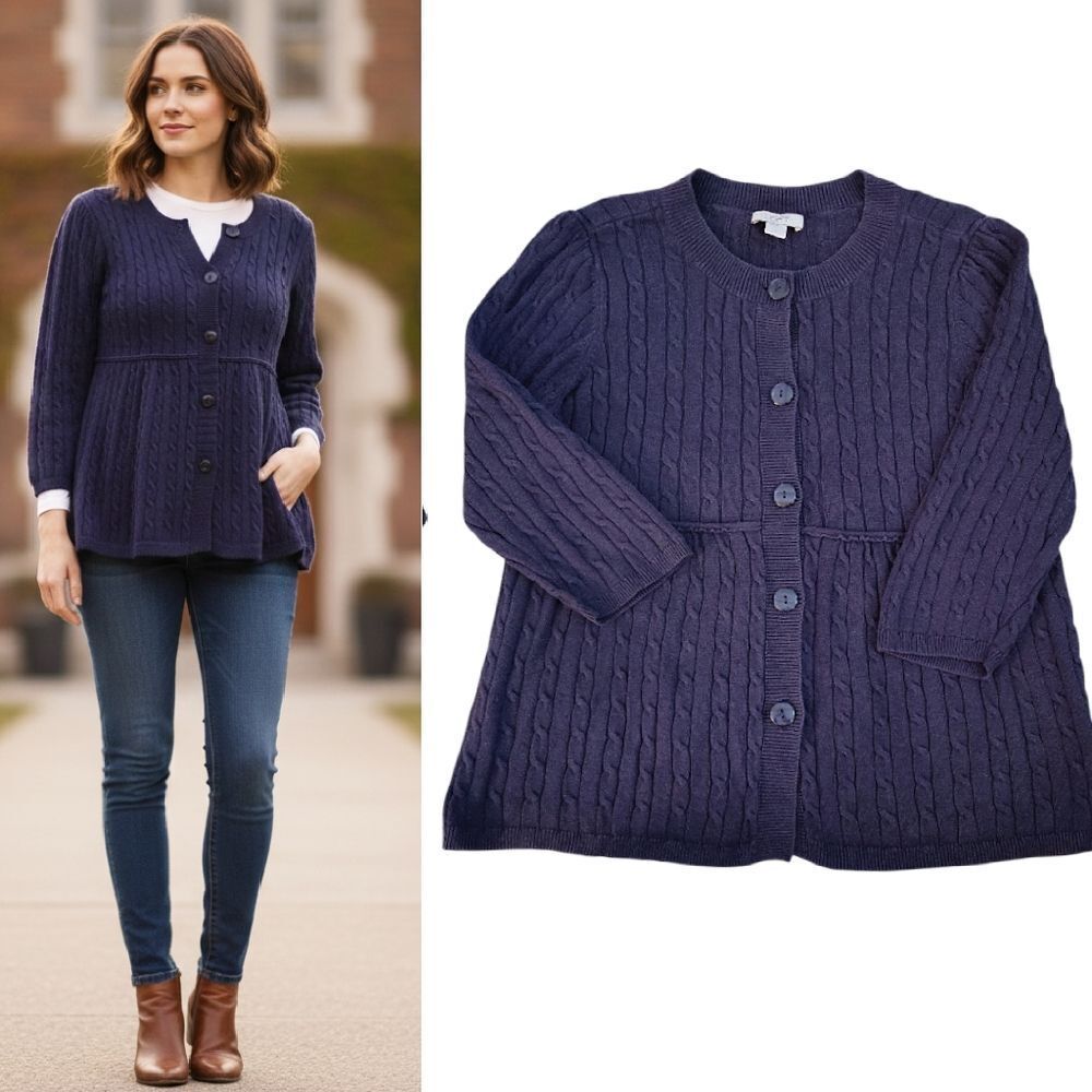 AT Loft VTG Purple Cable Knit‎ Babydoll Button Front Cardigan Sweater Large